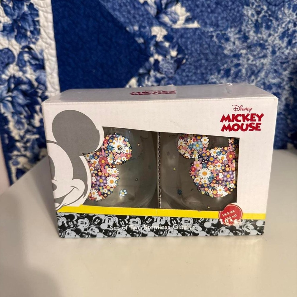 Disney Mickey Mouse Stemless Glass Tumblers Daisy Floral Set of 2 New 14.5oz